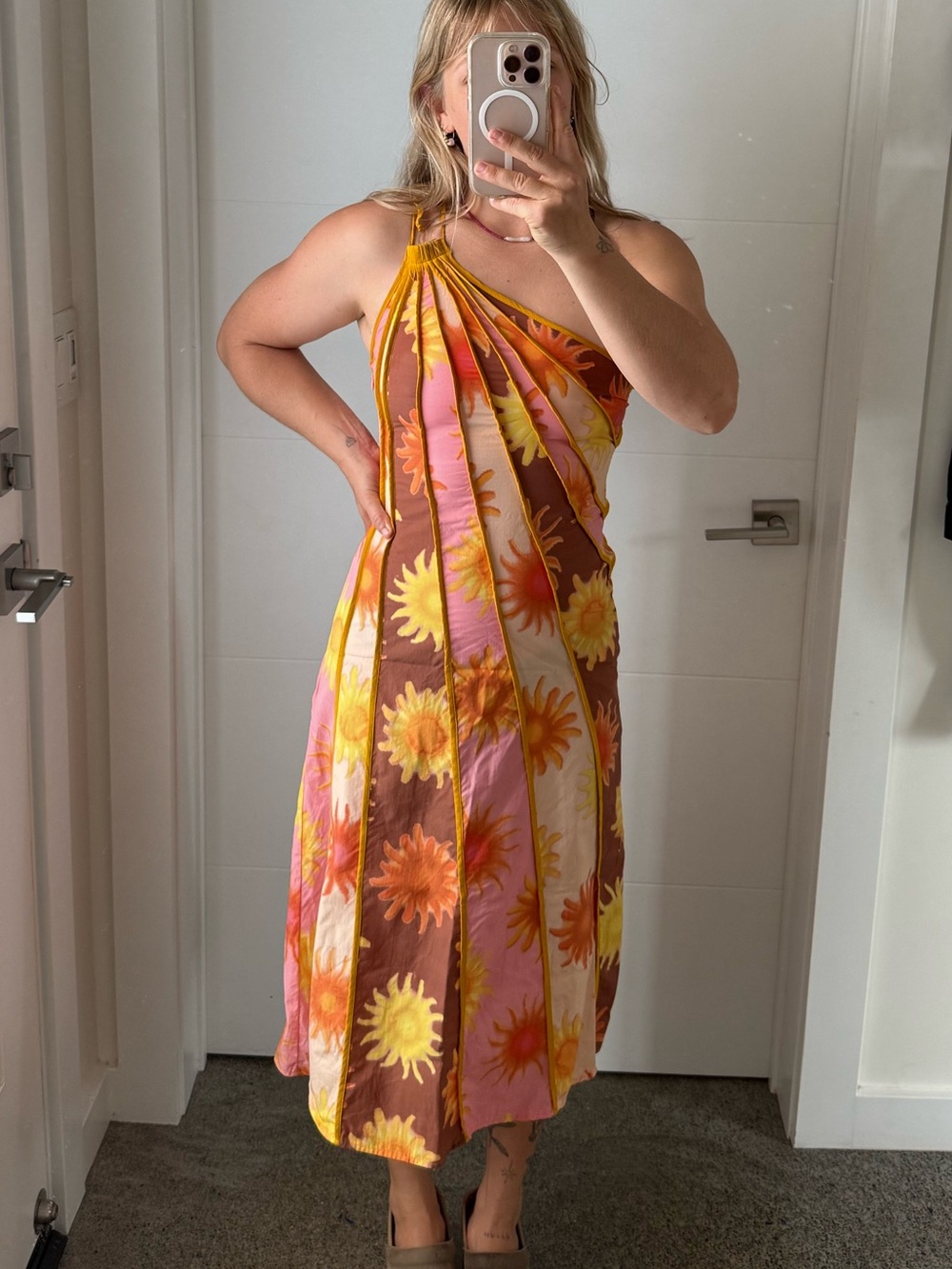 FARM Rio One-Shoulder Floral Sunburst Midi Dress - Yellow Pink Brown